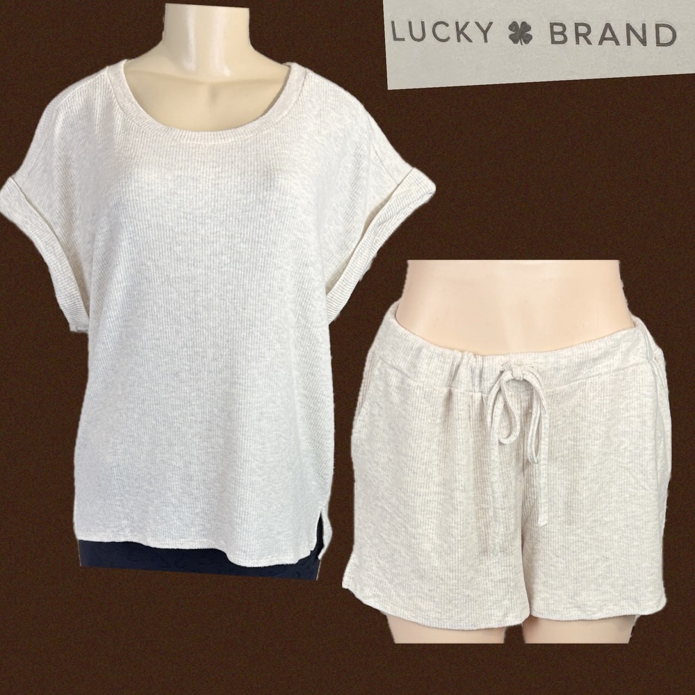 Lucky Brand Womens XL Lounge Set Ribbed Knit Top and Shorts Heather Cream Gray